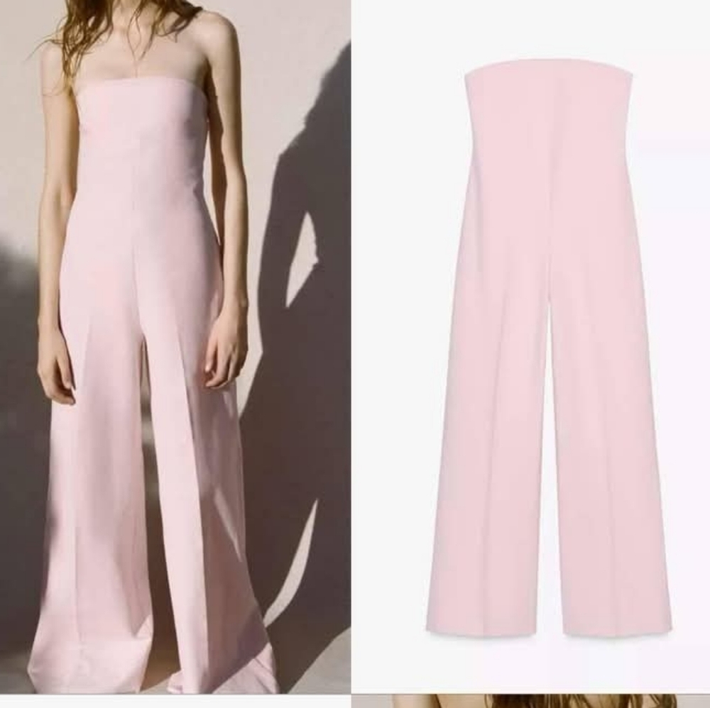 Zara Strapless Wide Leg Light Pink  Full-leght Stretch Jumpsuit Sz-L